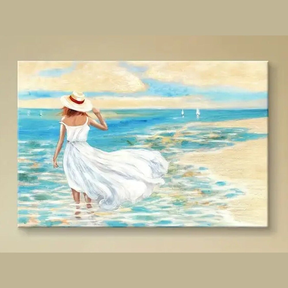 Beautiful Woman Walking By The Ocean Canvas Print Framed 11.8" x 15.7" Wall Art Home & Garden:Home Décor:Posters & Prints Style Your Walls